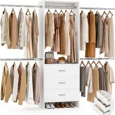 Closet Organizer System with 3 Drawers & 4 Hanging Rods, Walk-in Wardrobe, White