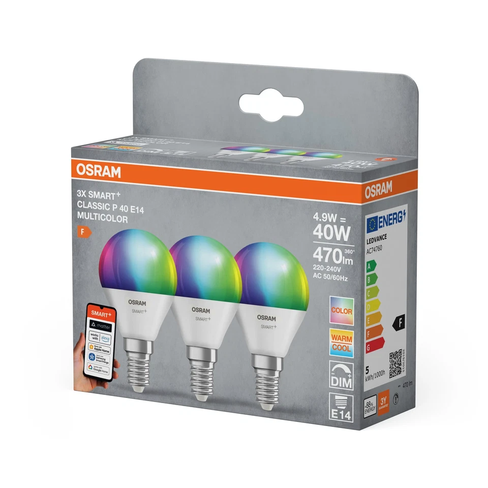 OSRAM SMART+ LED-Lampe P40 RGBW E14 3er-Pack, Miniballform, steuerbar über - Bild 2 von 4