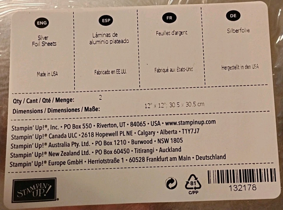 Stampin' Up 12" x 12" SILVER FOIL SHEETS 2 Sheets 132178 - Image 2 of 4