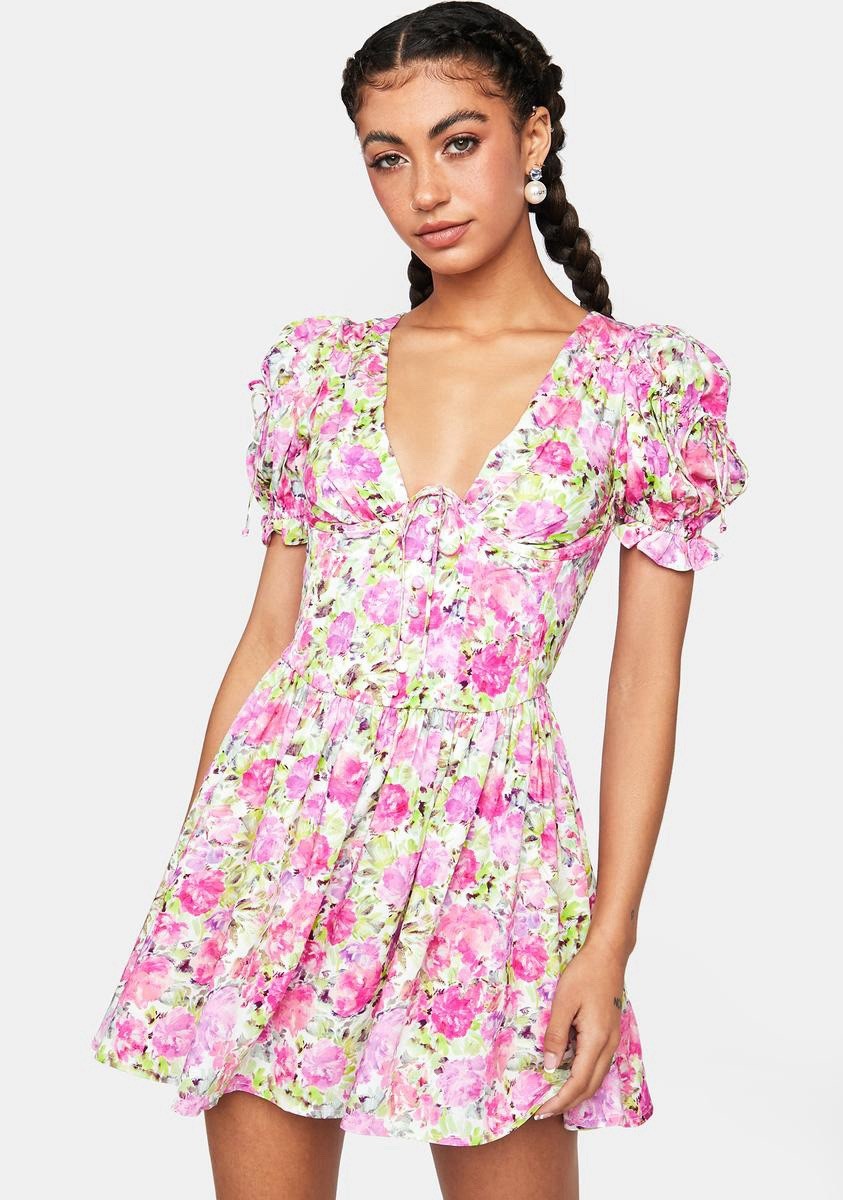 For Love & Lemons Paulina Floral Built In Corset Puff Sleeves Dress Size XS