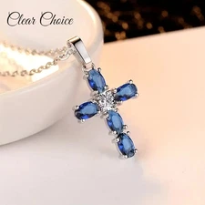 Elegant Vintage Style Blue Cubic Zirconia Cross Pendant Necklace Jewelry