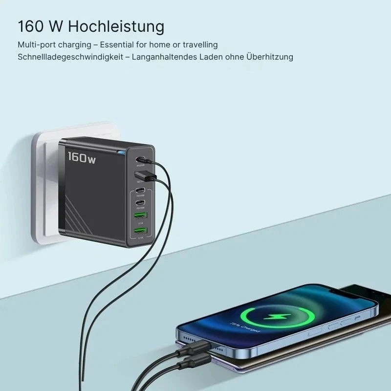 160W USB C Schnellladegerät EU Multi Ports Weiß Schwarz iPhone Samsung Xiaomi - Bild 3 von 4