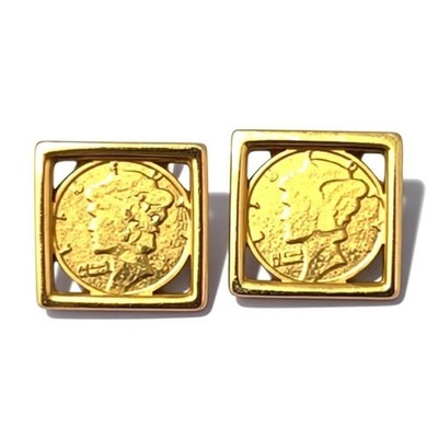 Vintage Mercury Dime Square Bezel Stud Earrings In Silver & Gold
