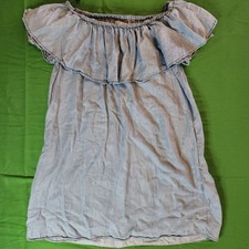 Zara Woman Dress MediumBlue Chambray Off The Shoudler Ruffled Dress