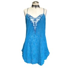 Vintage Cinema Etoile Turquoise Lace Mesh Embroidered Boho Whimsigoth Slip Dress