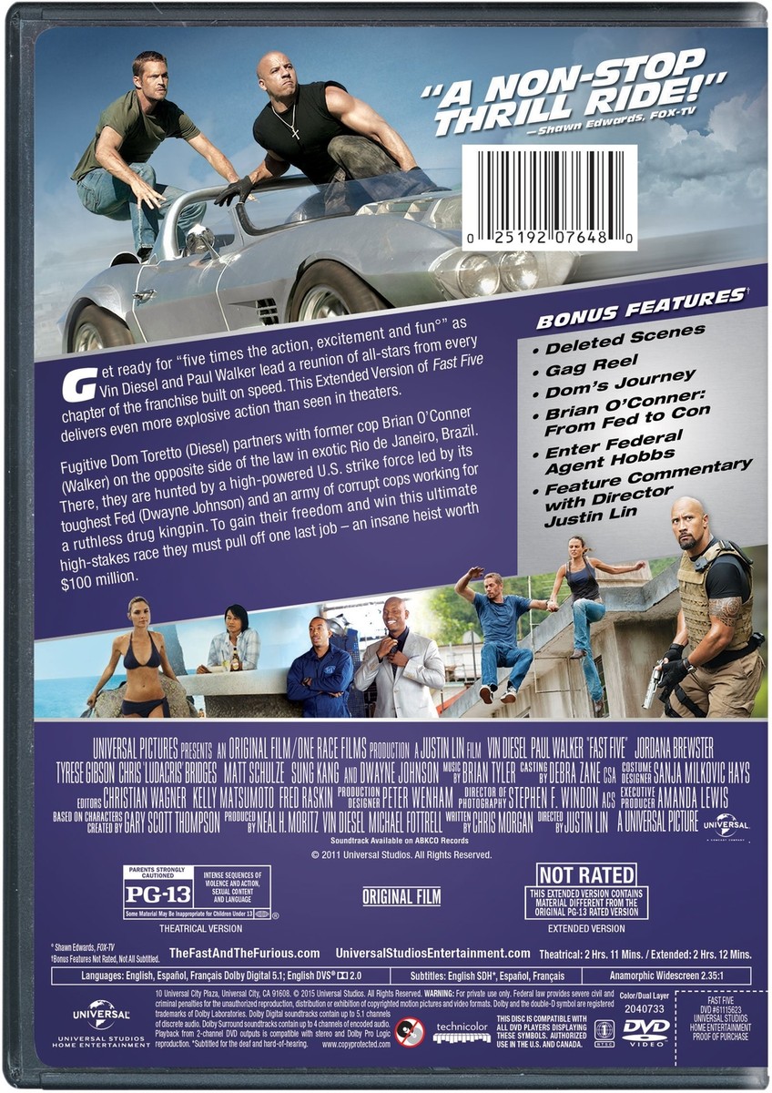 Fast Five DVD Fast & Furious Movie Part 5. Diesel / Walker