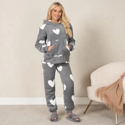 OHS Ladies Fleece Pyjama Set Soft Sherpa Womens PJ Heart Lounge Pants Warm Nightwear