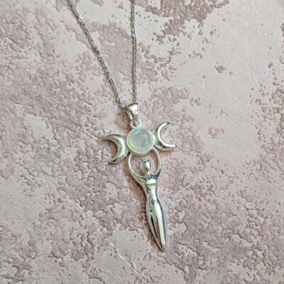 Solid 925 Sterling Silver Moonstone Triple Moon Goddess Pendant ...