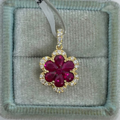1.10Ct Pear Cut Natural Red Ruby Flower Pendant 14K Yellow Gold Plated 18'' Chain