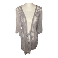 POL Small Medium Gray Lace Floral Embroidered Tie Front Sheer Kimono