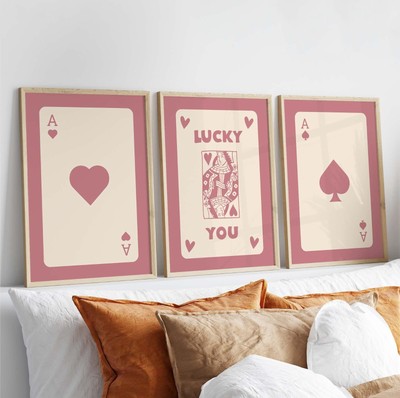 Set of 3 Exhibition Posters Wall Art Blush Pink Retro lucky You Playing Cards