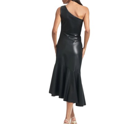 LeatherViz Black One-Shoulder Faux-Leather Midi Dress Flared Gown Size  Custom | eBay