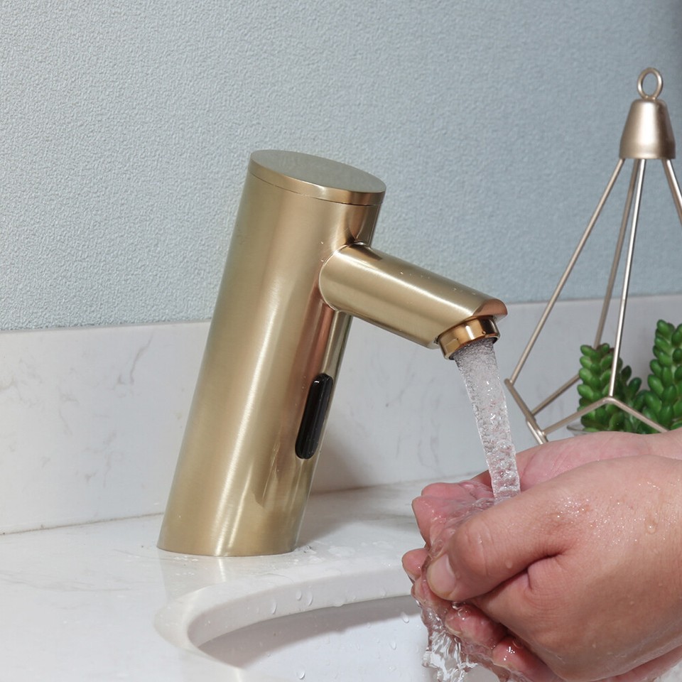 Brushed Gold Touchless Bathroom Vanity Sink Mixer Sensor Faucet Hands ...