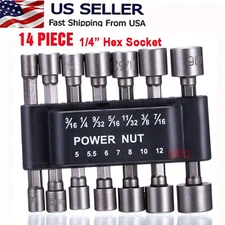 14pc POWER NUT Driver Bit Set Dual 1/4 Quick Change SAE & Metric MM Detent Shank