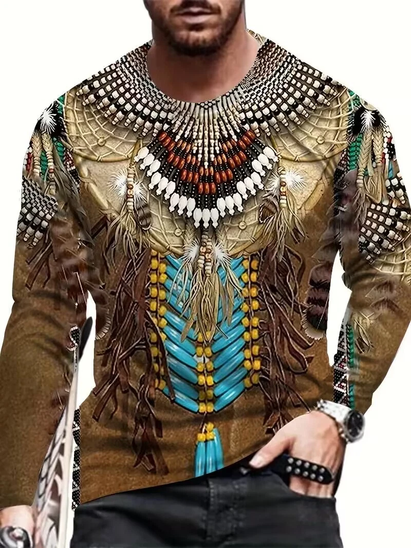 T Shirt Men Brown Indian Ethnic Graphic Print Fashion Streetwear Long Sleeve Tee