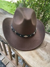 Unisex Felt Brown Cowboy Hat Rollup Wide Brim Faux Leather Belt ONE SIZE NEW