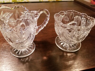 Vintage cut glass sugar and creamer with bird 