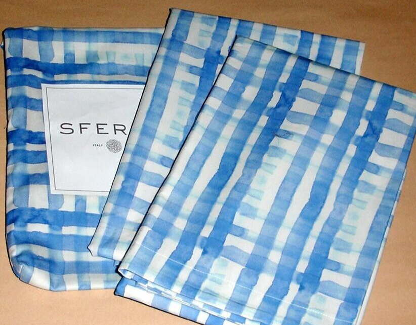 Sferra Plaidino Euro Sham SET/2 Cotton Percale Blue Plaid Clearwater Italy NEW