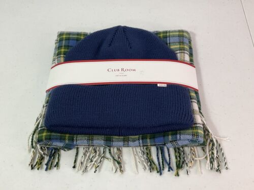 CLUB ROOM Blue Hat & Blue/White/Green/Yellow Plaid Scarf. Orig. $40. NEW. - Picture 1 of 8