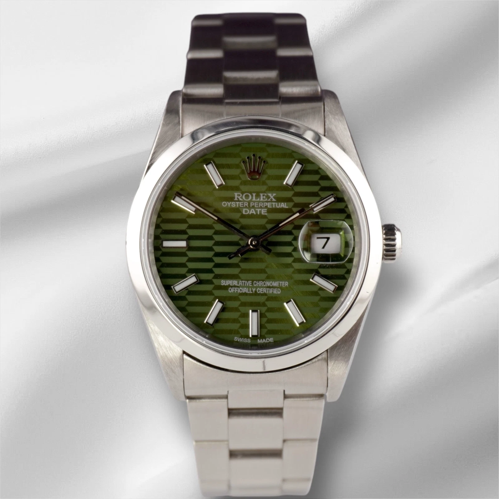 Rolex — Rolex Date 34mm Ladies Green Motif Dial Oyster Steel Watch 15010