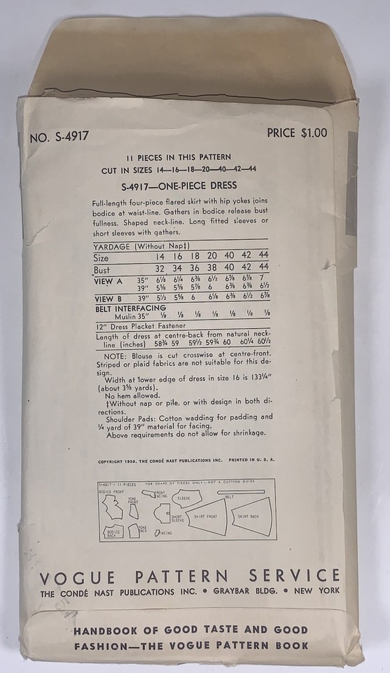 Vogue 1950 RARE Special Design S-4917 Evening Gown Sewing Pattern Sz 18 ...