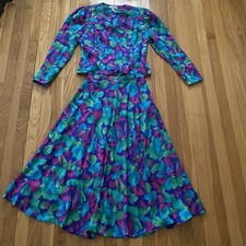 Vtg 80 90 Adrianna Papell Silk Suit Maxi Skirt Teal Purple Blue Floral Size 8