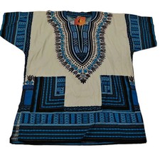 African Unisex Print Dashiki Shirt Blue Unisex L 100 Cotton Caribbean Surf VTG
