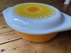 Vintage Pyrex #043 1.5 Qt Oval Orange Casserole Dish with Daisy/Sunflower Lid