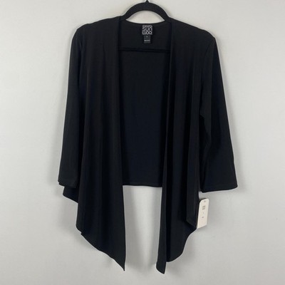 Clara Sun Woo Cardigan Womens Large Black Cropped 3/4 Sleeves Stretch Open