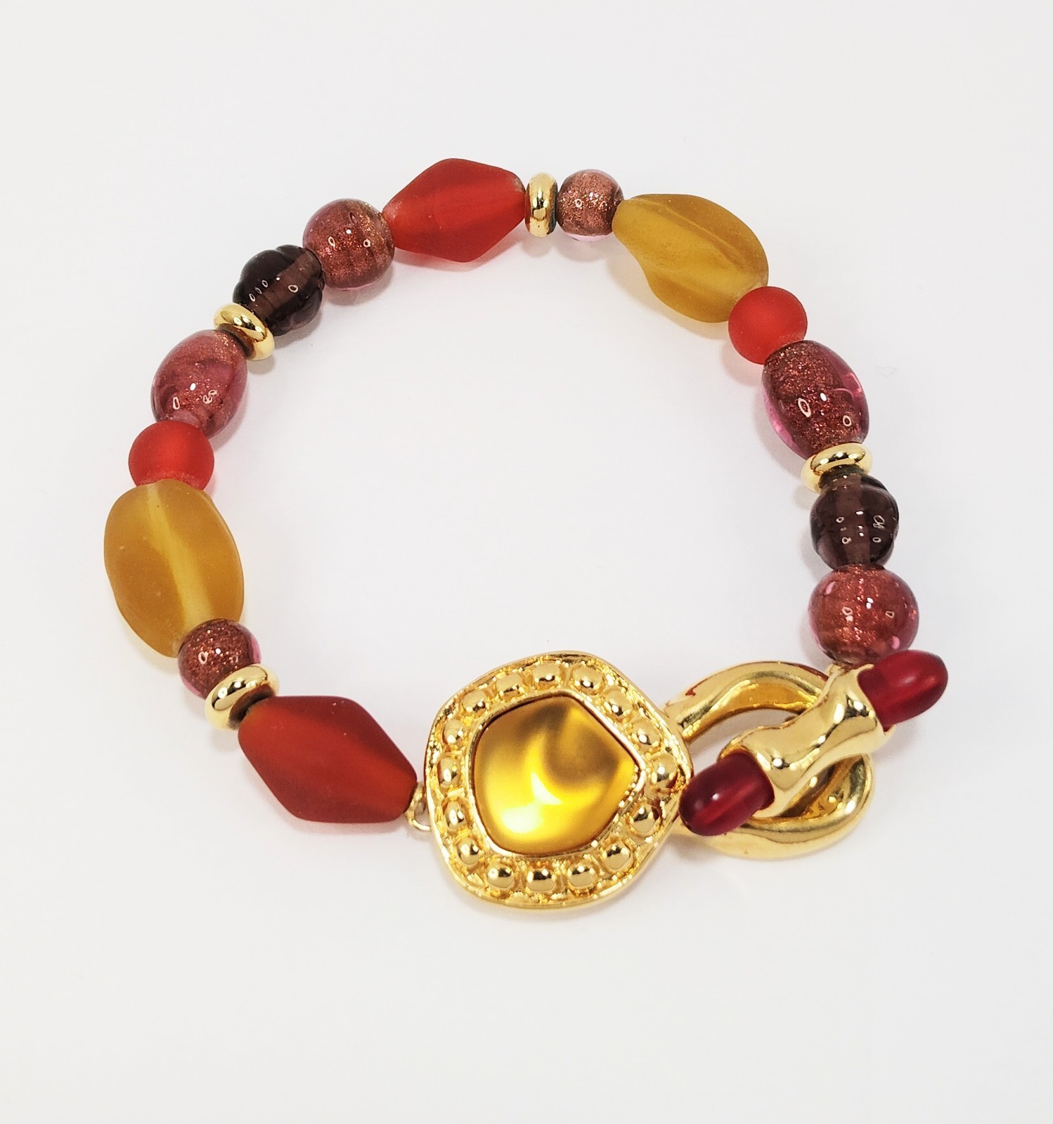 RARE Lovely Vintage Signed MONET Multicolor Frosted Glass Gold Tone Bracelet