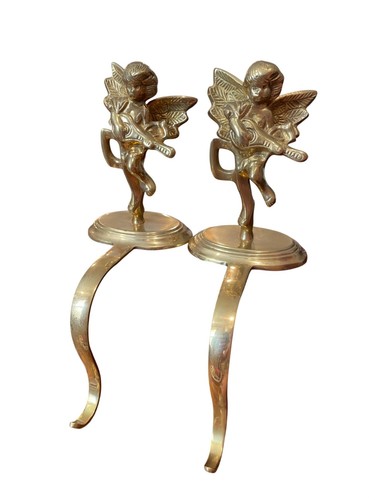 VTG solid brass cherub fireplace stocking holders shelf hooks SKU 9872