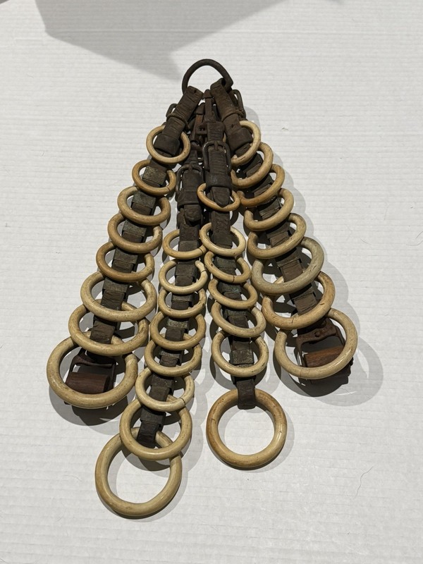 VINTAGE HORSE TACK, HARNESS WHITE CELLULOID RINGS, DECORATIVE, LEATHER 