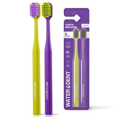 WATER DENT Medium Soft Toothbrush for Adults | 2 Pack, Green + Purple 