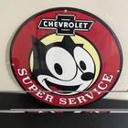 VINTAGE CHEVROLET SUPER SERVICE FELIX CAT GASOLINE MOTOR OIL PORCELAIN SIGN