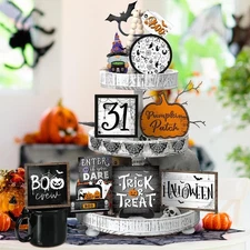 14 Pcs Halloween Tiered Tray Decorations Set Ghost Wooden Black 