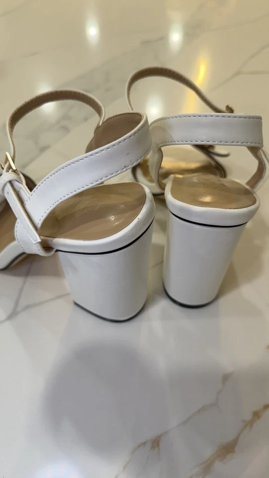 Sandalia Gucci GG Logo Marmont Bloque Tacón Alto Cuero Blanco Dorado Talla 38.5 EE. UU. 8.5 Foto 4 de 4