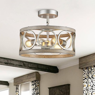 Farmhouse Ceiling Light Fixture, Drum Round Modern Semi Flush Mount Ceiling L...
