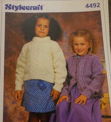 Stylecraft Knitting Pattern 4492 Aran Cable Design Sweater Cardigan girls 20-30''