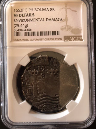 1653 P E PH BOLIVIA 8 REALES SILVER NGC VF DETAILS CERTIFIED. Environmental Dam