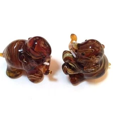 Unique Cute 2 Pcs Brown Elephant Hand Blown Glass Art Figure Handmade #BG 36
