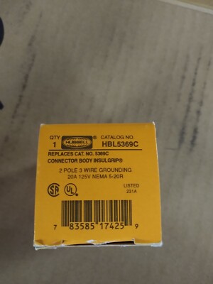 HUBBELL  HBL5369C Qty of 1 per Lot Power Entry Connector, Power Entry, 20 A, Bla