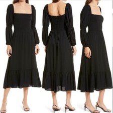 REFORMATION Black Isaac Ruched Gathered Long Sleeve Smocked Back Midi Dress 6 US