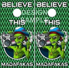 Alien Smoking Middle Finger LAMINATED Cornhole Wrap Bag Toss Skin Decal