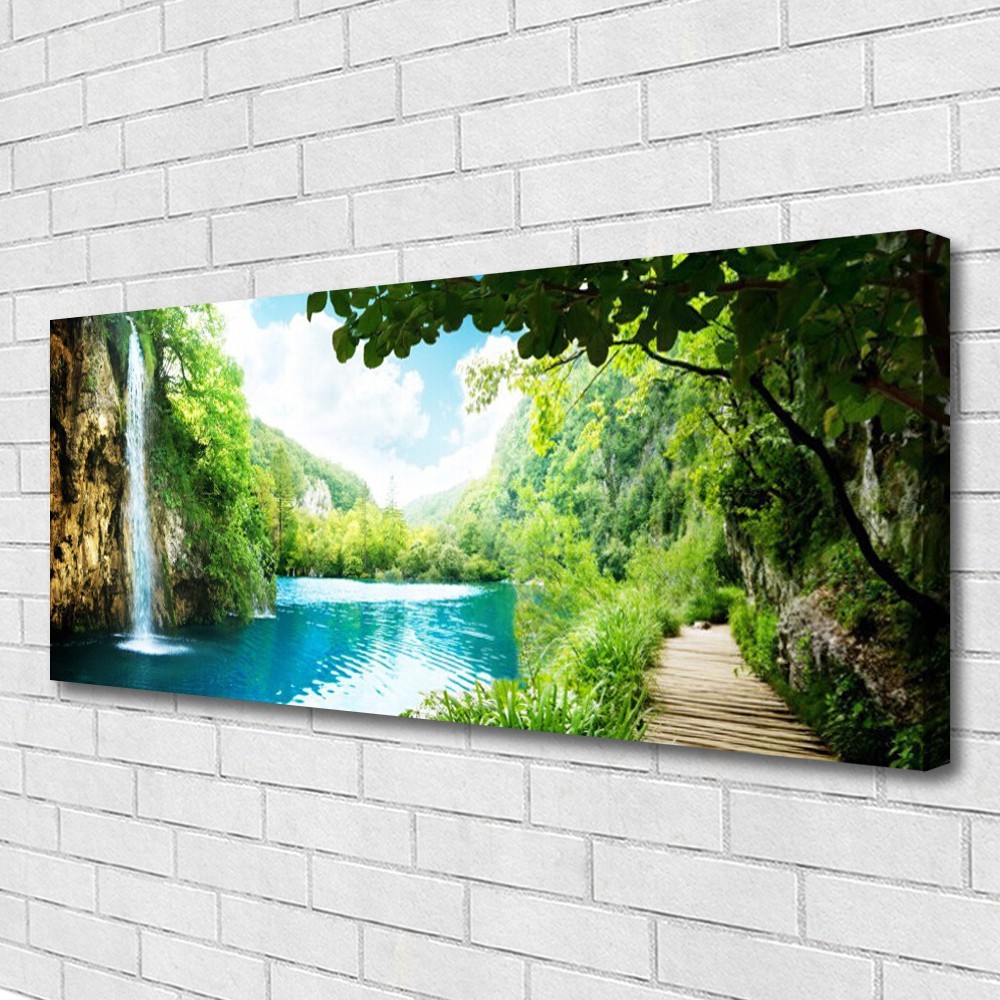 Tableaux nature sur toile premium 125x50 cm motif grand lac et cascade sauvage