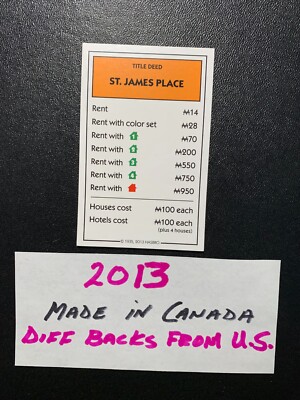 Monopoly 2013 ST JAMES PLACE Title Deed Card Replacement Piece  MADE IN CANADA