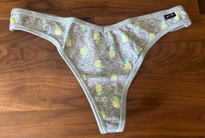 VICTORIA'S SECRET PINK L PINEAPPLE RARE Thong PANTIES Cotton Gray Whale Tail