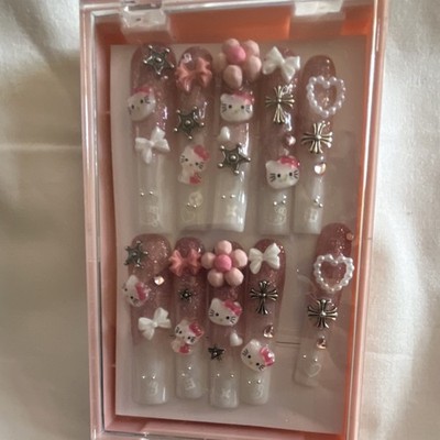Hello Kitty Press-On Nails 3D Pink White Full Cover Pre-Designed