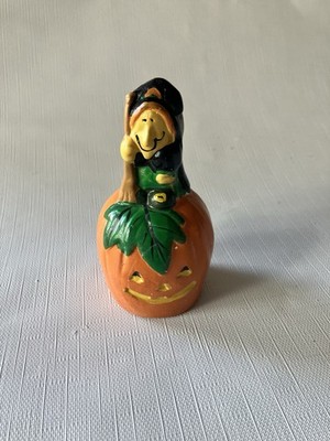 Vintage 4  Ceramic Witch On Pumpkin Bell Halloween Figurine