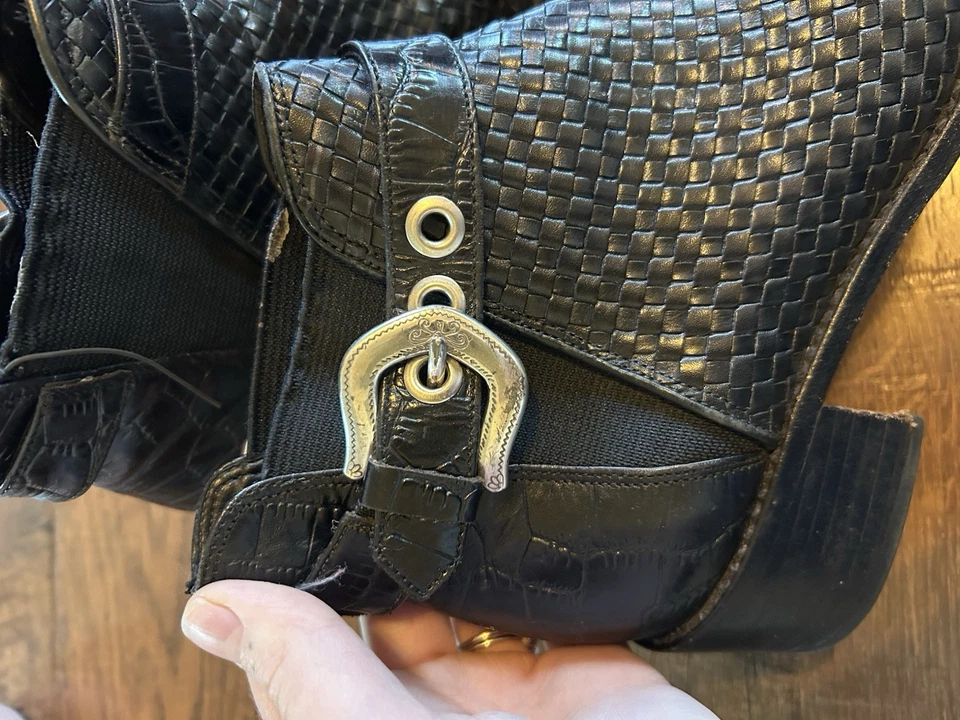 Botas de tornozelo vintage Brighton couro preto tecido 7,5 N fivela gótica ocidental - Imagem 3 de 4