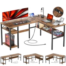 Reversible L Shaped Computer Desk with Power Outlets and USB Charging Ports, ...